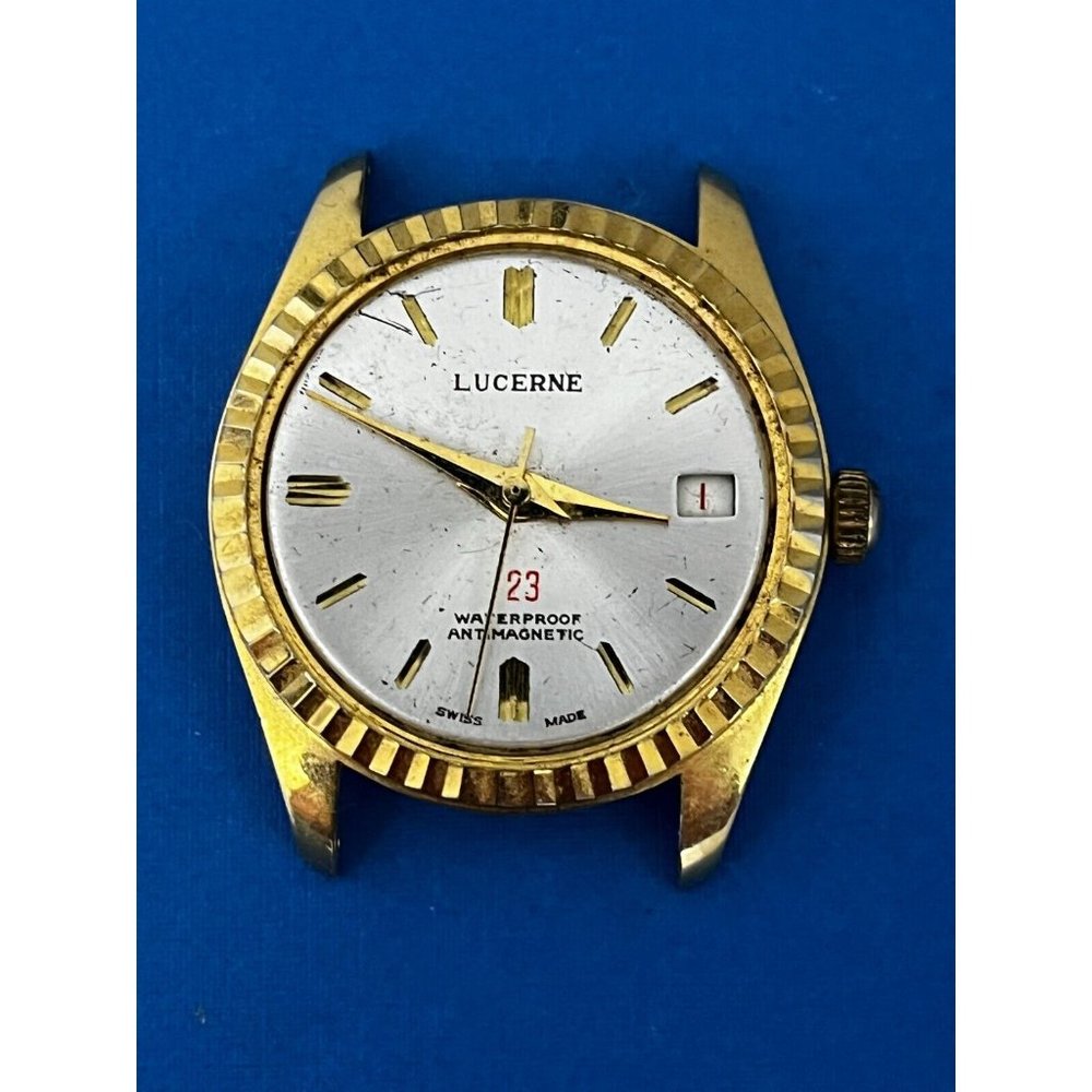 1960s Vintage Lucerne Watch Date Manual SWISS 23j Gold Tone 4 parts / repair